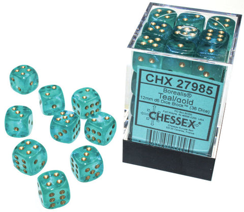Chessex: Luminary 12mm D6 Block (36) - Teal/Gold