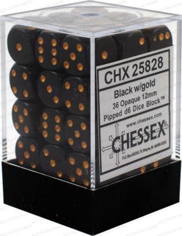 Chessex: Opaque 12mm D6 Block (36) - Black/Gold