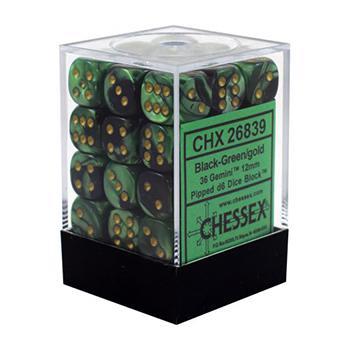 Chessex: Gemini 12mm D6 Block (36) - Black Green/Gold
