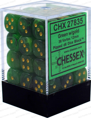 Chessex: Vortex 12mm D6 Block (36) - Green/gold/Black