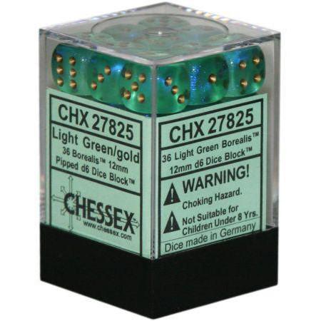Chessex: Borealis 12mm D6 Block (36) - Light Green/Gold