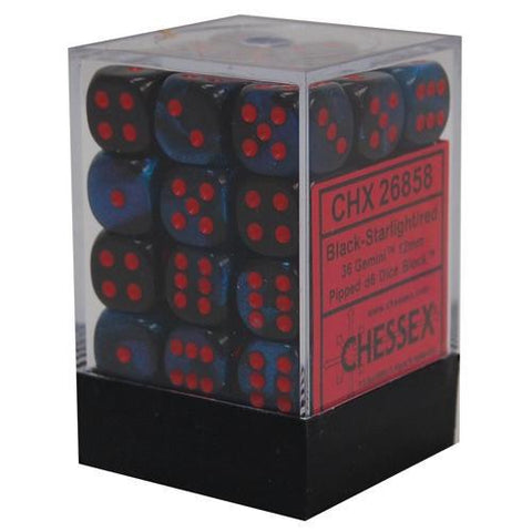 Chessex: Gemini 12mm D6 Block (36) - Black Starlight/Red